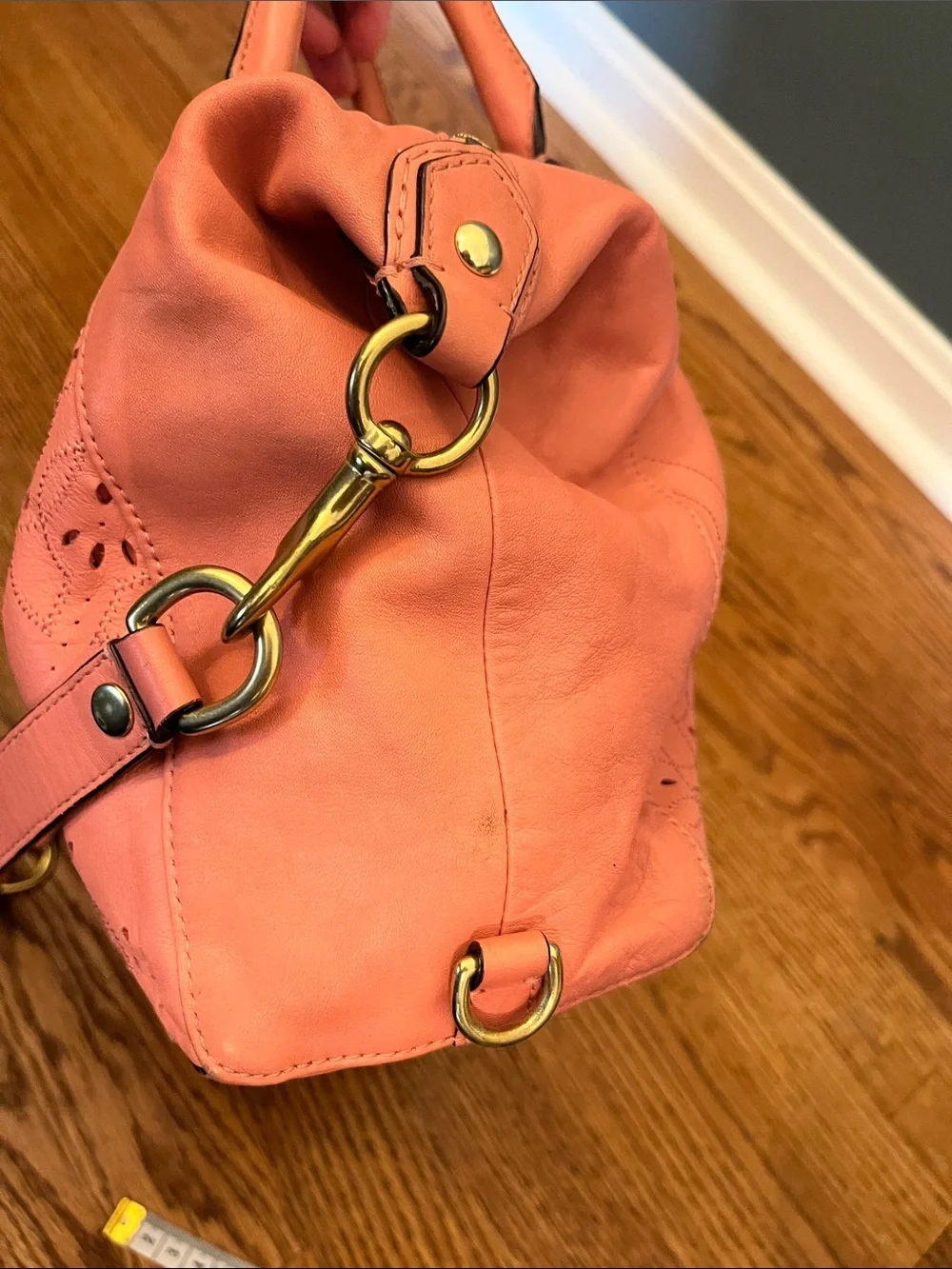 Coach Coral Pink Leather Satchel with Laser-Cut Floral Design F22488